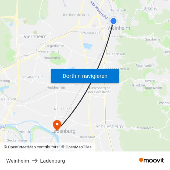 Weinheim to Ladenburg map