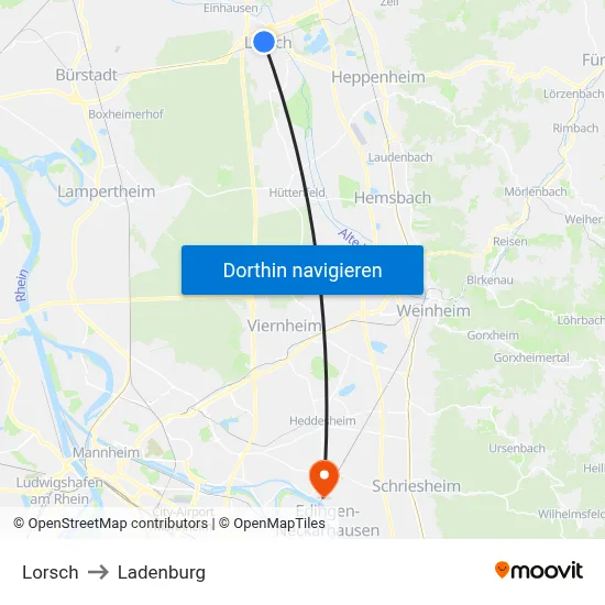Lorsch to Ladenburg map