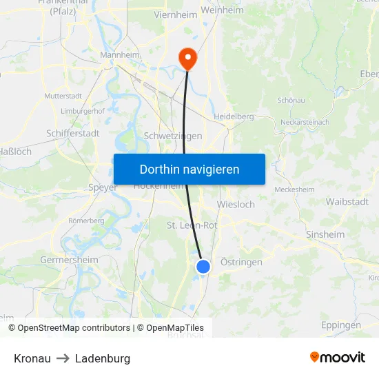 Kronau to Ladenburg map