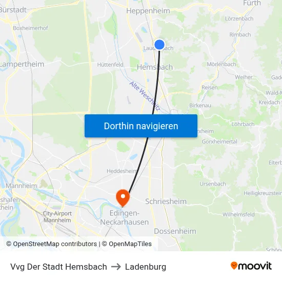 Vvg Der Stadt Hemsbach to Ladenburg map