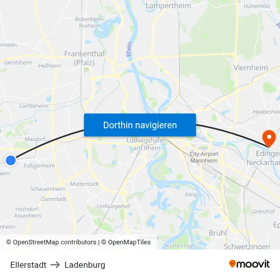 Ellerstadt to Ladenburg map
