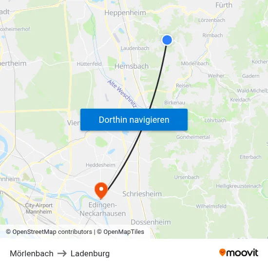 Mörlenbach to Ladenburg map
