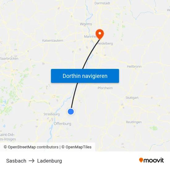 Sasbach to Ladenburg map