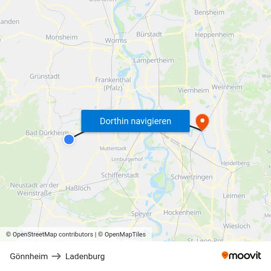 Gönnheim to Ladenburg map