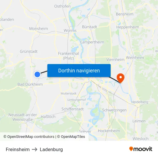 Freinsheim to Ladenburg map