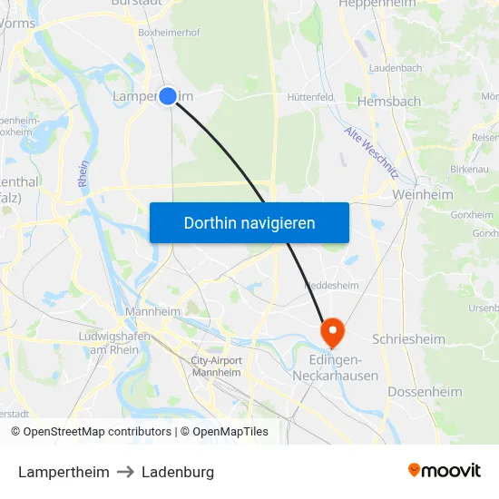 Lampertheim to Ladenburg map