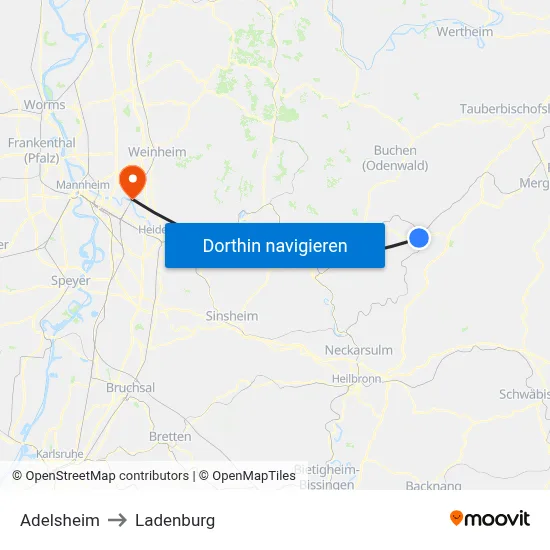 Adelsheim to Ladenburg map