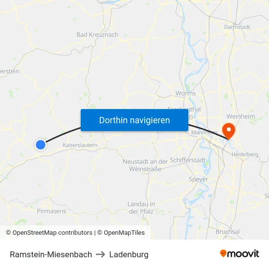 Ramstein-Miesenbach to Ladenburg map