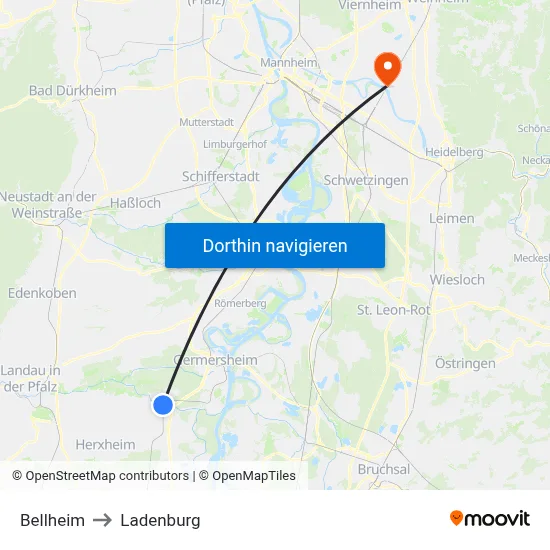Bellheim to Ladenburg map