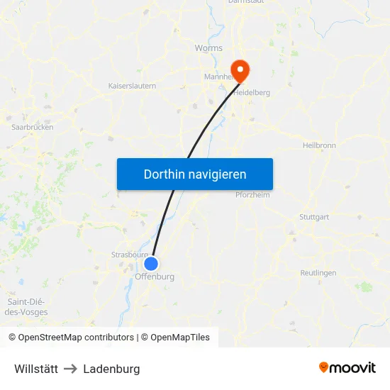 Willstätt to Ladenburg map