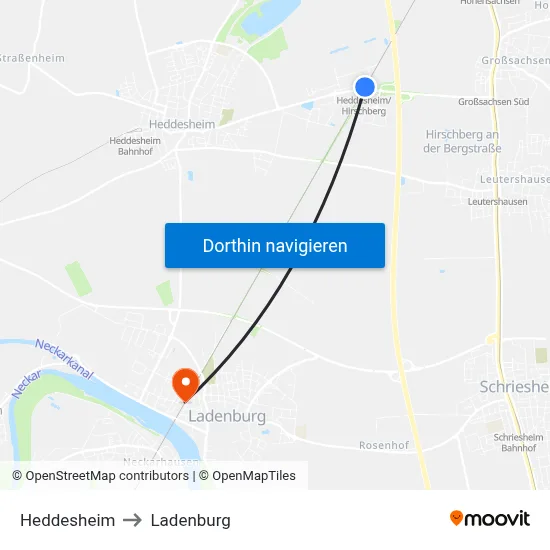 Heddesheim to Ladenburg map