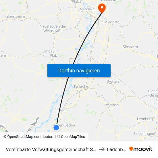 Vereinbarte Verwaltungsgemeinschaft Sinzheim to Ladenburg map
