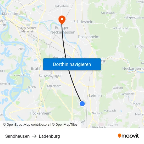 Sandhausen to Ladenburg map