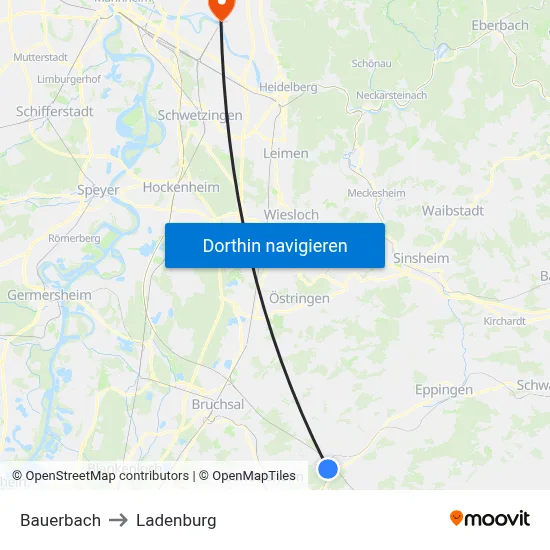 Bauerbach to Ladenburg map