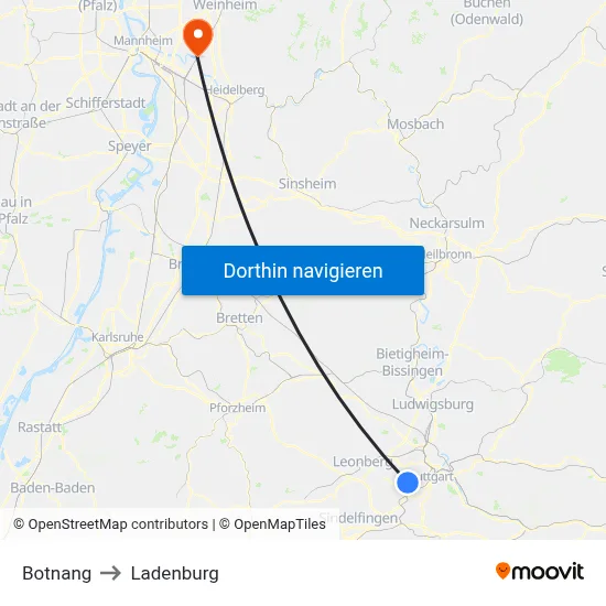 Botnang to Ladenburg map