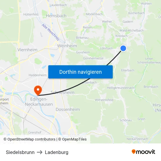Siedelsbrunn to Ladenburg map