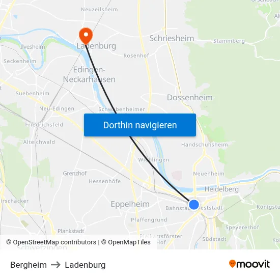 Bergheim to Ladenburg map