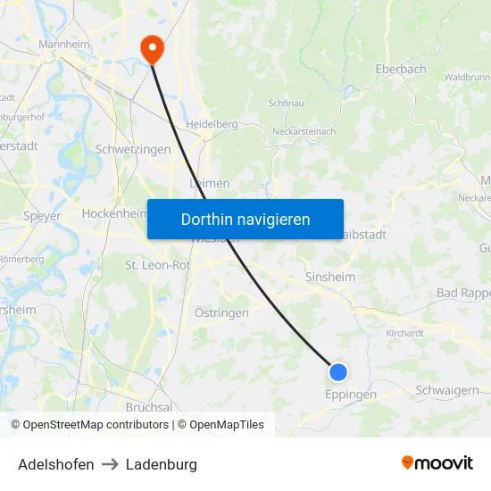 Adelshofen to Ladenburg map