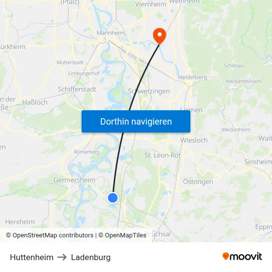 Huttenheim to Ladenburg map