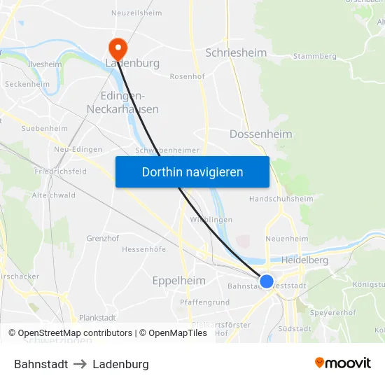 Bahnstadt to Ladenburg map