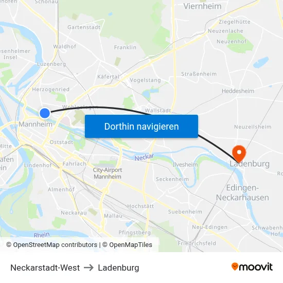 Neckarstadt-West to Ladenburg map