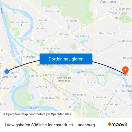 Ludwigshafen-Südliche-Innenstadt to Ladenburg map