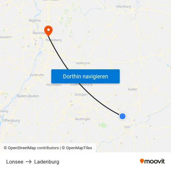 Lonsee to Ladenburg map