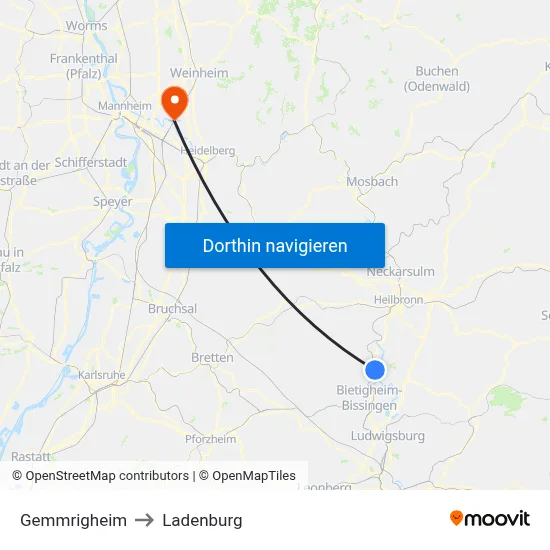 Gemmrigheim to Ladenburg map