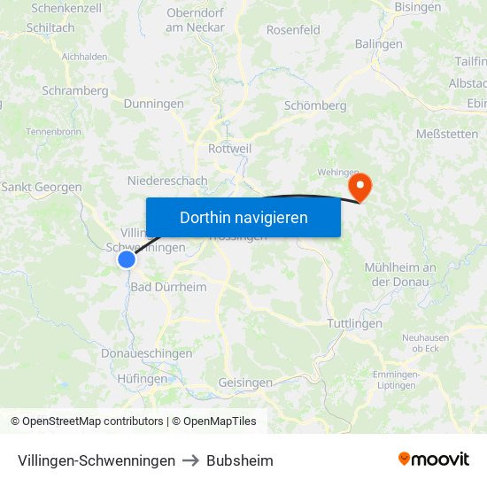Villingen-Schwenningen to Bubsheim map