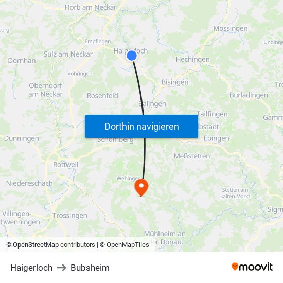 Haigerloch to Bubsheim map