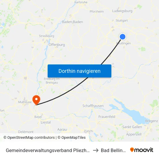 Gemeindeverwaltungsverband Pliezhausen to Bad Bellingen map