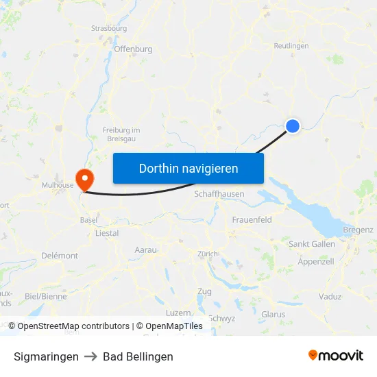 Sigmaringen to Bad Bellingen map