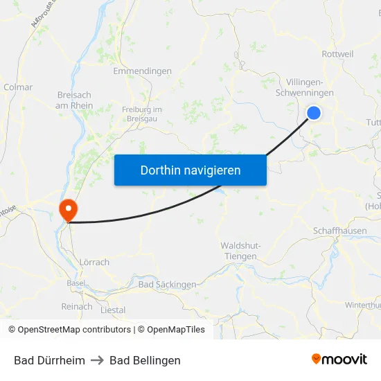 Bad Dürrheim to Bad Bellingen map