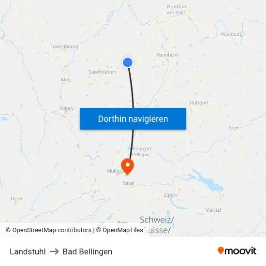 Landstuhl to Bad Bellingen map