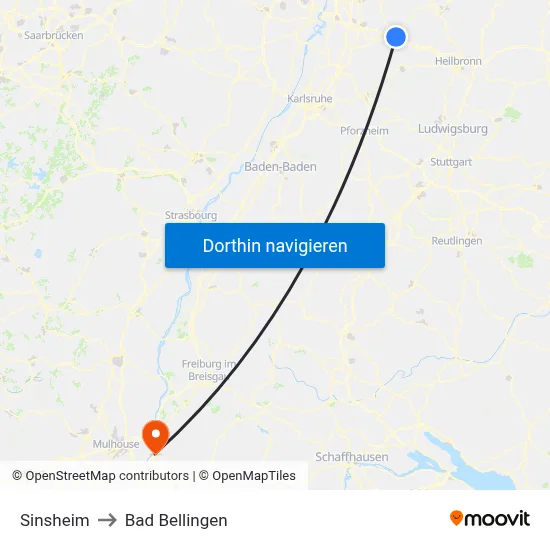 Sinsheim to Bad Bellingen map