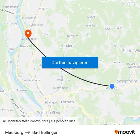 Maulburg to Bad Bellingen map