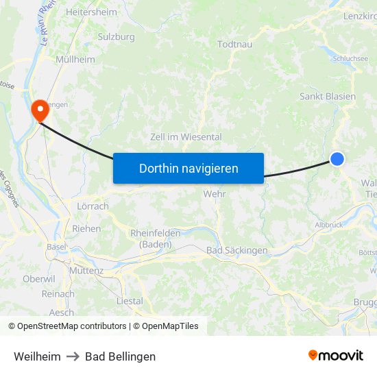 Weilheim to Bad Bellingen map