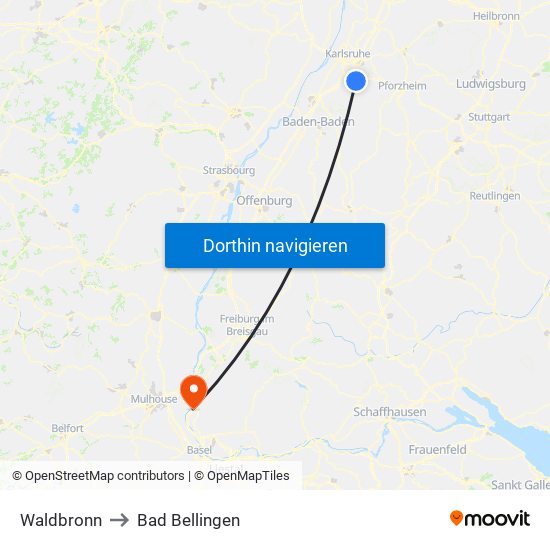 Waldbronn to Bad Bellingen map