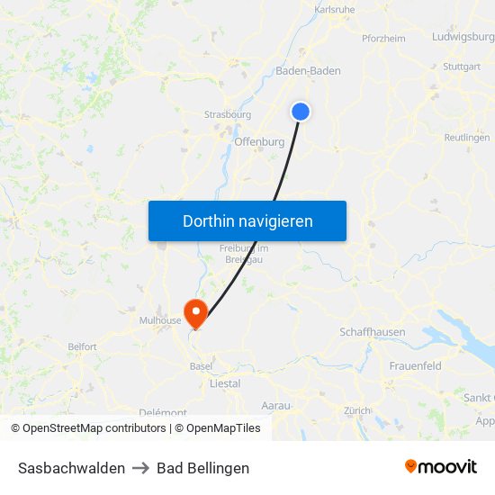 Sasbachwalden to Bad Bellingen map