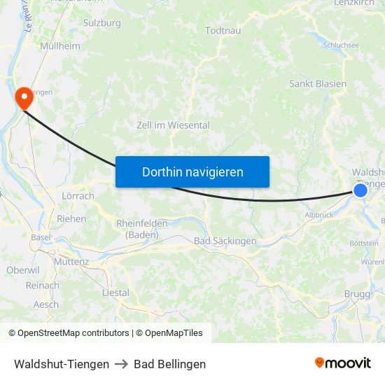 Waldshut-Tiengen to Bad Bellingen map