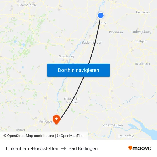 Linkenheim-Hochstetten to Bad Bellingen map