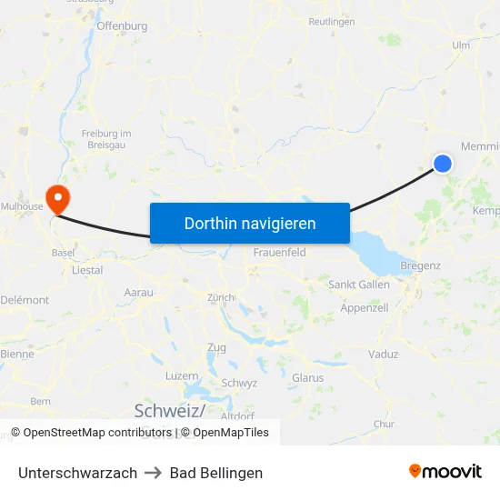 Unterschwarzach to Bad Bellingen map