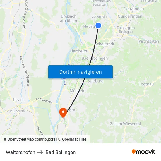Waltershofen to Bad Bellingen map