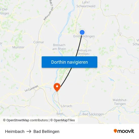 Heimbach to Bad Bellingen map