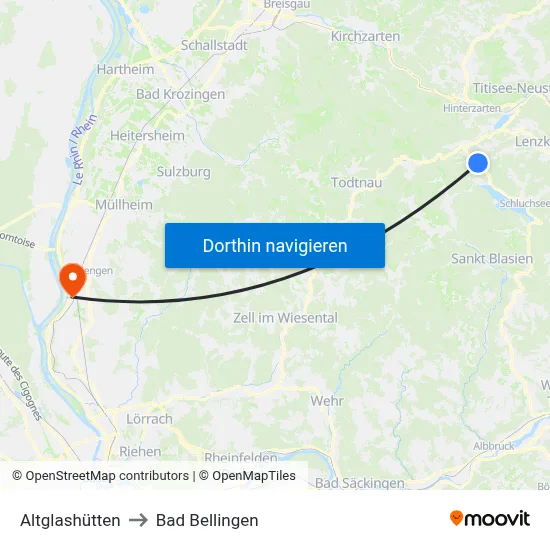 Altglashütten to Bad Bellingen map