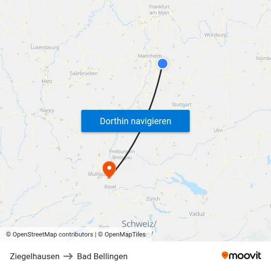 Ziegelhausen to Bad Bellingen map
