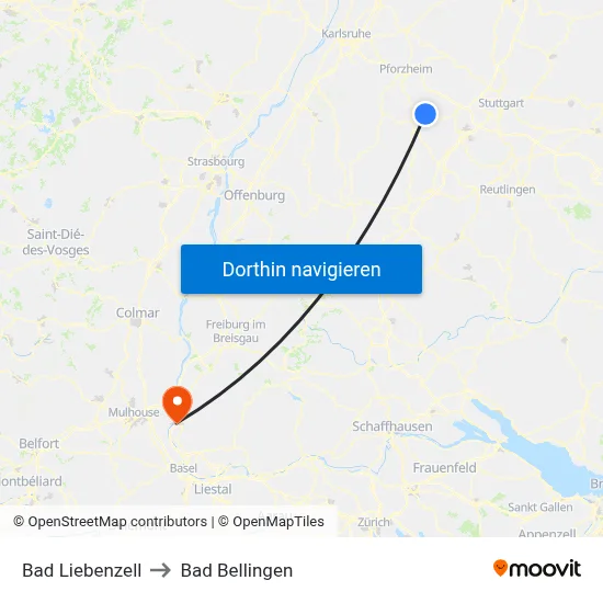 Bad Liebenzell to Bad Bellingen map
