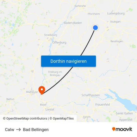 Calw to Bad Bellingen map