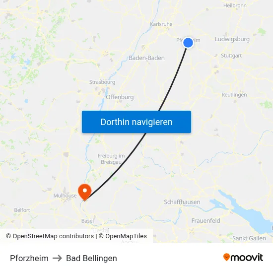 Pforzheim to Bad Bellingen map