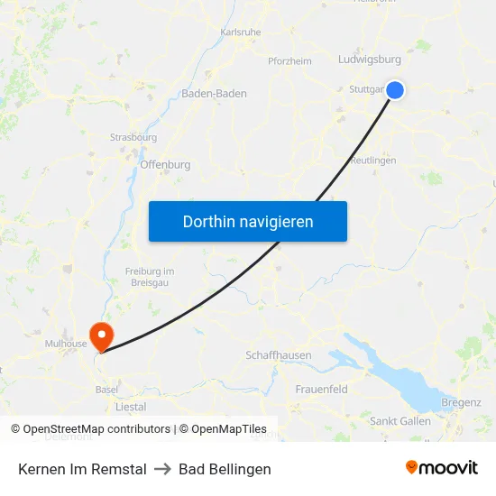 Kernen Im Remstal to Bad Bellingen map